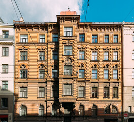 Fototapeta na wymiar Riga, Latvia. Facade Of Old Art Nouveau Building on Alexander Chaka street