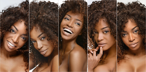 Collection of different Beauty portrait of african american woman with clean healthy skin on beige...