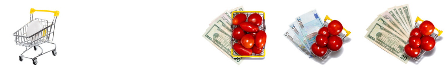 Red ripe tomatoes in shopping carts and basket with euro, dollar bills under them on one end, cart...