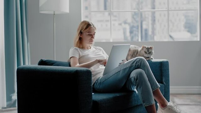 Woman looks at photos on tablet near cat sitting on couch