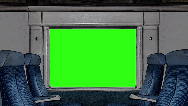 A window in the train with the green screen