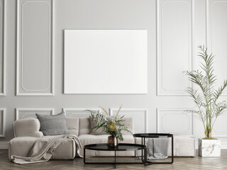 White empty poster in living room design, 3d render, 3d illustration