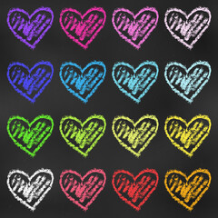 Realistic Chalk Drawn Sketch. Set of Design Elements Hearts of Different Colors Isolated on Chalkboard Backdrop.