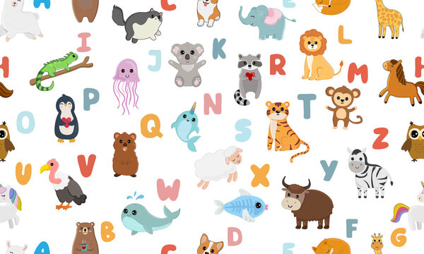 Seamless pattern with English alphabet with cute animals isolated on white background. Background for teaching children learning a foreign language.