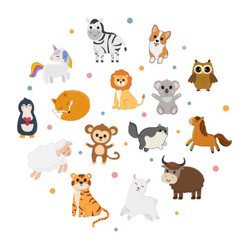 Cute vector animals arranged in a circle. Isolated on white background.