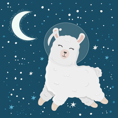 Fototapeta premium Illustration with cute alpaca astronaut on starry space background. Perfect for posters, greeting cards and other design. Cute llama