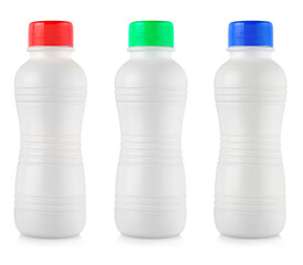 Opaque white plastic bottles with colored lidon white background