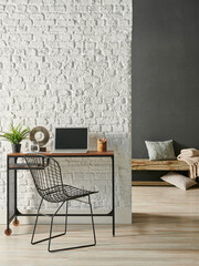 Modern room working table and chair with computer close up style, grey stone wall background with niche and wooden decorative bench.