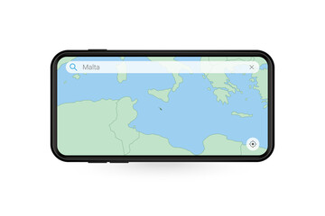 Searching map of Malta in Smartphone map application. Map of Malta in Cell Phone.