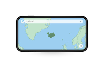 Searching map of Iceland in Smartphone map application. Map of Iceland in Cell Phone.