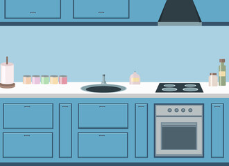Stylish kitchen design with household appliances. Vector drawing