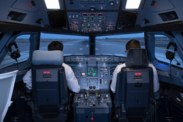 General view of the cockpit of a commercial flight simulator, with two pilots sitting in their seats preparing to start the flight - obrazy, fototapety, plakaty