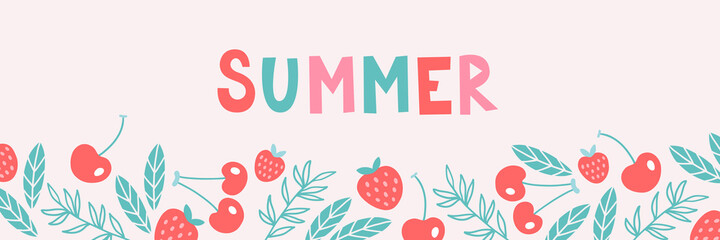 Summer banner. Fruit background design with strawberry, cherry, leaves, branches