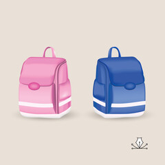 Briefcase for school children. Pink briefcase for a girl and blue for a boy. The design of school subjects. Illustrations of school briefcases backpacks on a white background 