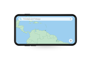 Searching map of Trinidad and Tobago in Smartphone map application. Map of Trinidad and Tobago in Cell Phone.