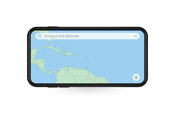 Searching map of Antigua and Barbuda in Smartphone map application. Map of Antigua and Barbuda in Cell Phone.