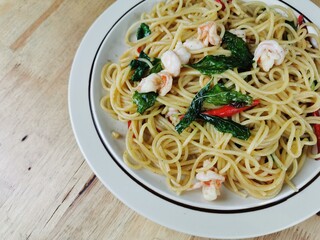 Spaghetti with Shrimp Basil on a plate