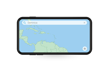 Searching map of Dominica in Smartphone map application. Map of Dominica in Cell Phone.
