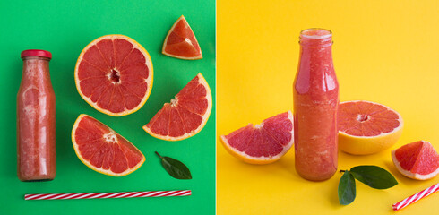 Collage of grapefruit smoothie in a glass bottle on the green and  yellow background