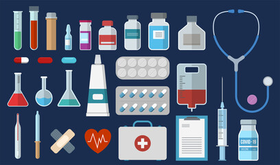 Set of medical equipment, pharmacy items. Flat style icons, isolated on dark background. Syringe, plaster, test tubes, pills, stethoscope, dropper and more. Vector color illustration.