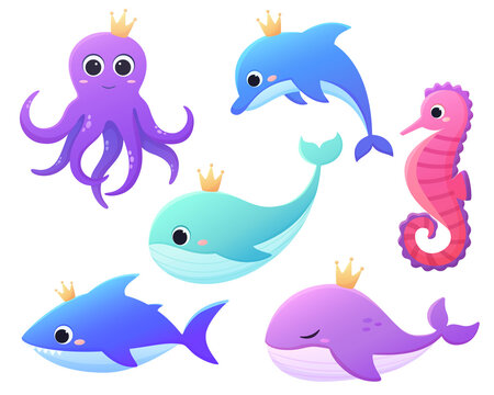 Vector set of cute ocean animals in cartoon style. Dolphin, whale, octopus, shark, seahorse children's illustration. Isolated on a white background. Underwater life.
