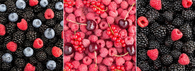 Collage fruit background. Closeup on blackberries, blueberries, raspberries, cherries and red...
