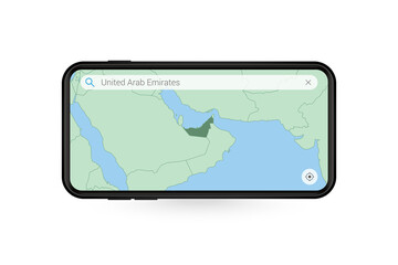 Searching map of United Arab Emirates in Smartphone map application. Map of United Arab Emirates in Cell Phone.