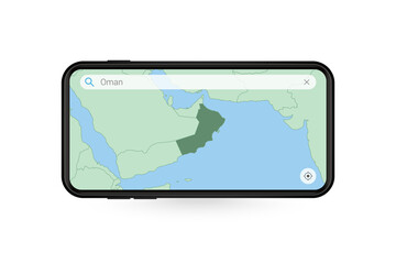 Searching map of Oman in Smartphone map application. Map of Oman in Cell Phone.