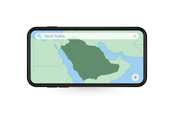 Searching map of Saudi Arabia in Smartphone map application. Map of Saudi Arabia in Cell Phone.