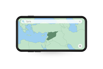 Searching map of Syria in Smartphone map application. Map of Syria in Cell Phone.