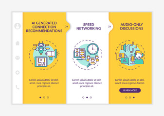 Remote events for networking onboarding vector template. Responsive mobile website with icons. Web page walkthrough 3 step screens. AI recommendations color concept with linear illustrations