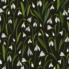 Seamless flower pattern with white snowdrops on a black background. Spring floral hand drawn backdrop for fabric, wallpaper, cover, wrapping.