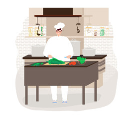 Cooking, people in kitchen, happy chef preparing food in restaurant, chef uniform, design cartoon style vector illustration.