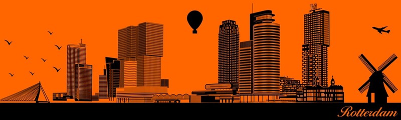 Vector city skyline silhouette - illustration,  Town in orange background,  Rotterdam Nederlands