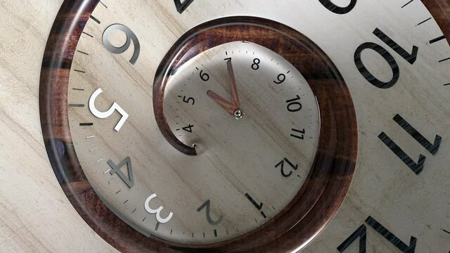 Vintage wood spin round clock face. 3D Render. 3D Rendering Classic Round Clock with infinity time. Antique clock face spinning zoom.
