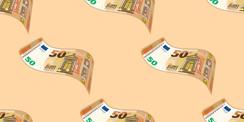 Seamless pattern. EU paper money. Curved 50 euro banknotes arranged symmetrically and staggered