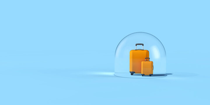 Coronavirus holiday travel bubble. Suitcase in a protective bubble 3D Rendering