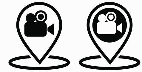 
Location and video camera. Geolocation of the cinema. Electronics store. Point of video shooting. Wind icon.