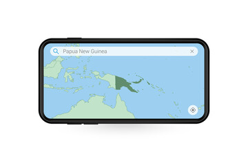 Searching map of Papua New Guinea in Smartphone map application. Map of Papua New Guinea in Cell Phone.