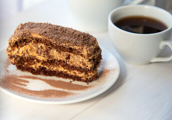 Chocolate cake on the white plate