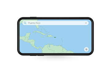 Searching map of Puerto Rico in Smartphone map application. Map of Puerto Rico in Cell Phone.