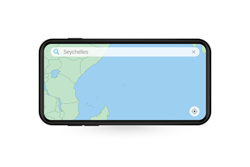Searching map of Seychelles in Smartphone map application. Map of Seychelles in Cell Phone.