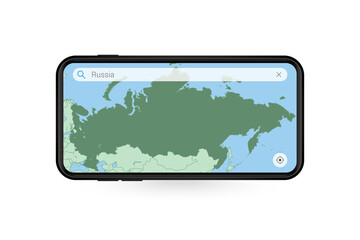 Searching map of Russia in Smartphone map application. Map of Russia in Cell Phone.