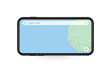 Searching map of Cape Verde in Smartphone map application. Map of Cape Verde in Cell Phone.