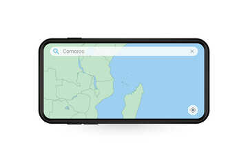 Searching map of Comoros in Smartphone map application. Map of Comoros in Cell Phone.