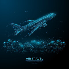 3d airplane flying over clouds. Digital vector airliner in the sky. Air travel, airline transportation concept. Low poly dark blue wireframe with dots, lines and flying particles look like debris  © AntonKhrupinArt