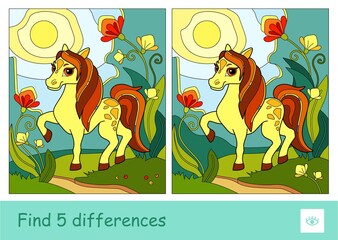 Find five differences quiz learning children game with a skewbald horse in the meadow. Colorful image of wild animals developmental activity