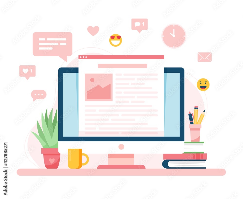 Poster blogging concept, a screen with text on it. vector illustration in flat style