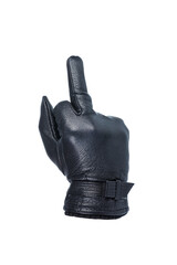 Hand in black leather glove showing middle finger