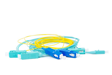 Fiber optic patch cord cables on white background
